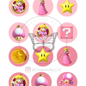 May include: A set of 10 printable stickers featuring characters from the Super Mario Bros. video game series. The stickers feature Princess Peach, a question mark block, a gold coin, a star, and a mushroom. The stickers are perfect for adding a touch of fun to your party decorations or crafts.
