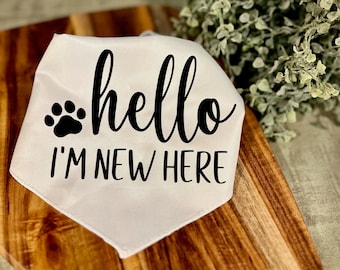 Hello I’m New Here Dog Bandana - FREE SHIPPING (Gift, Pet, Dog, Animal, Rescue, Adoption, Paw, Woof, Friend)