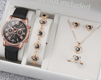 5/6PCS Fashion Women's Quartz Watch Leather Band Analog Wrist Watches Heart Rhinestone Jewelry Set(Without Box)