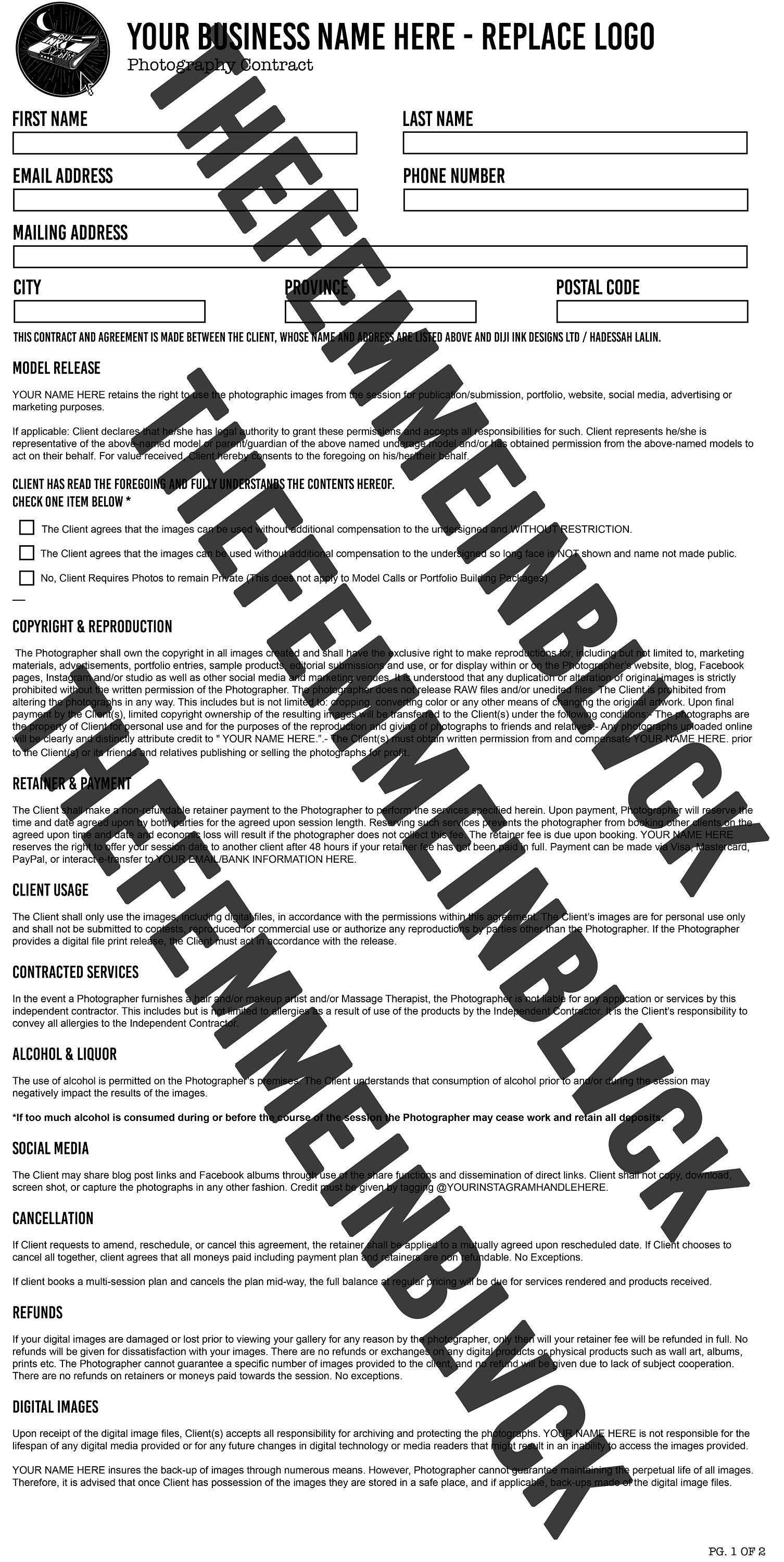 Photography Contract/model Release Forms Etsy