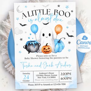 Blue A Little Boo Baby Shower Invitation Bundle, Boy Halloween Baby Shower Invite, Ghost Halloween Baby Shower Invite, Editable Template 01