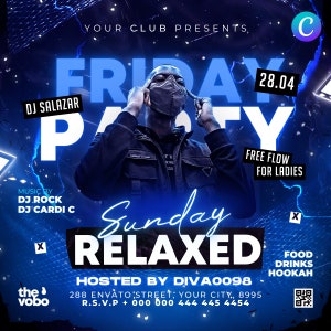 May include: A blue and black flyer with a DJ in the center. The flyer advertises a "Friday Party" and a "Sunday Relaxed" event. The text on the flyer includes "DJ Salazar", "DJ Rock", "DJ Cardi C", "Free Flow for Ladies", "Hosted by Diva0098", "288 Envato Street, Your City, 8995", "RSVP + 000 000 444 445 4454", "Food, Drinks, Hookah".