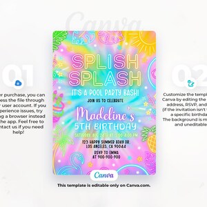 May include: A colorful invitation for a 5th birthday pool party. The invitation features a tie-dye background with neon pink, blue, and yellow accents. The text "Splish Splash" is in neon pink and yellow. The invitation includes the name "Madeline's 5th Birthday" and the date and time of the party.