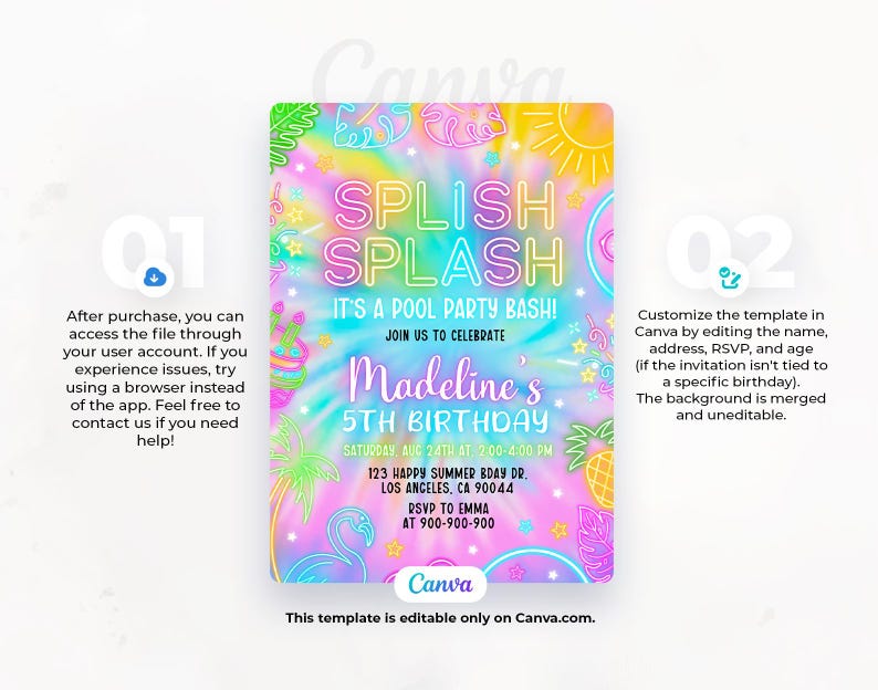 May include: A colorful invitation for a 5th birthday pool party. The invitation features a tie-dye background with neon pink, blue, and yellow accents. The text "Splish Splash" is in neon pink and yellow. The invitation includes the name "Madeline's 5th Birthday" and the date and time of the party.