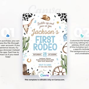 K&ouml;nnte beinhalten: Eine Einladung zum Thema Rodeo mit dem Text "Jackson's First Rodeo" in Blau und Gold. Das Design umfasst Illustrationen eines Cowboyhuts, Kaktus, Bullensch&auml;dels und Hufeisens. Die Einladung ist auf Canva bearbeitbar.