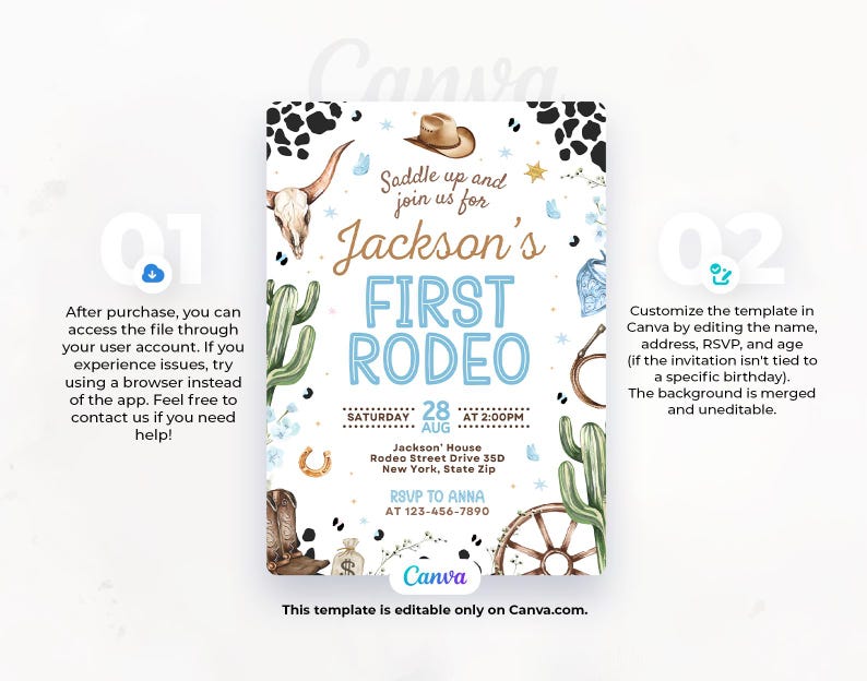 K&ouml;nnte beinhalten: Eine Einladung zum Thema Rodeo mit dem Text "Jackson's First Rodeo" in Blau und Gold. Das Design umfasst Illustrationen eines Cowboyhuts, Kaktus, Bullensch&auml;dels und Hufeisens. Die Einladung ist auf Canva bearbeitbar.