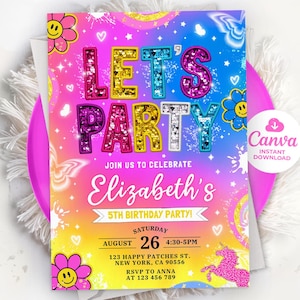 Invitación de fiesta, invitación con parche, invitación de cumpleaños para niña, invitación universitaria, invitación preppy, plantilla editable Canva LP01