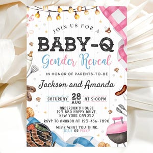 Baby-Q Gender Reveal Invitation, He Or She, Backyard Couples Baby Shower, BBQ Gender Reveal Party, Editable Template Canva LP01