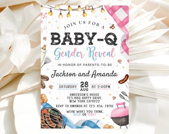 Baby-Q Gender Reveal Invitation, He Or She, Backyard Couples Baby Shower, BBQ Gender Reveal Party, Editable Template Canva LP01