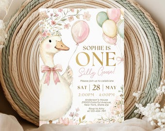Plantilla de invitación para primer cumpleaños de Silly Goose con cuadros rosas, plantilla editable de Canva