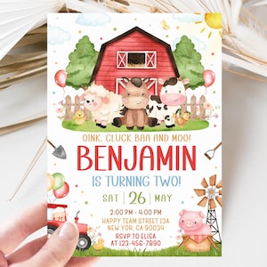 May include: A watercolor illustration of a red barn with a blue sky and white clouds. The barn has a white fence and a green field in front of it. There are farm animals in the field, including a cow, a sheep, a pig, and a chicken. The text "OINK. CLUCK BAA AND MOO! BENJAMIN IS TURNING TWO! SAT 26 MAY 2:00 PM - 4:00 PM HAPPY TEAM STREET 13A NEW YORK, CA 90034 RSVP TO ELISA AT 123-456-7890" is printed on the invitation.