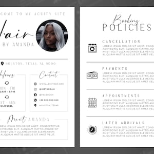May include: A black and white flyer with the text "Hair by Amanda" and a photo of a woman with long, dark hair. The flyer includes information about the salon's opening hours, contact details, and booking policies.