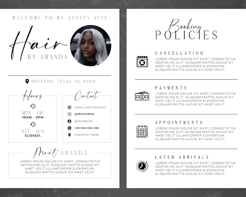 May include: A black and white flyer with the text "Hair by Amanda" and a photo of a woman with long, dark hair. The flyer includes information about the salon's opening hours, contact details, and booking policies.
