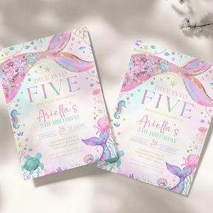 May include: Two mermaid-themed birthday invitations. The invitations feature a mermaid tail design with pink, purple, and gold accents. Text includes "Dive into Five" and "Ariella's 5th Birthday". Decorative elements include seahorses, turtles, and jellyfish.