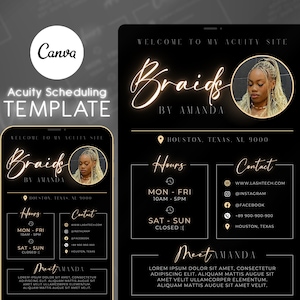May include: A black and gold digital marketing template for a braiding business called "Braids by Amanda". The template includes the business name, location, hours, contact information, and a "Meet Amanda" section with a brief description of the business owner.