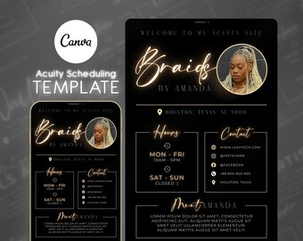 Op de afbeelding: Een zwarte en gouden digitale marketingtemplate voor een vlechtbedrijf genaamd "Braids by Amanda". De template bevat de bedrijfsnaam, locatie, openingstijden, contactgegevens en een "Meet Amanda"-sectie met een korte beschrijving van de eigenaar van het bedrijf.