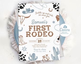 Eerste rodeo verjaardagsuitnodiging, een kleine cowboy verjaardagsuitnodiging, wilde westen verjaardagsuitnodiging, cowboyuitnodiging, bewerkbare canva LP02251