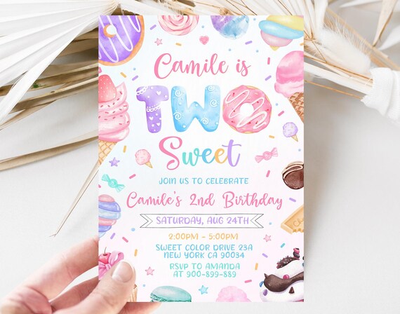 Two Sweet Invitation, 2nd Birthday Invitation, Sweets Invite, Sweet Birthday, Editable Canva Template 02LP