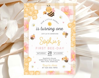 Bee First Birthday Invitation, Sweet To Bee One Birthday Invitation, Bee Day Party, Cute Bee Invitation, Editable Canva Template LP02