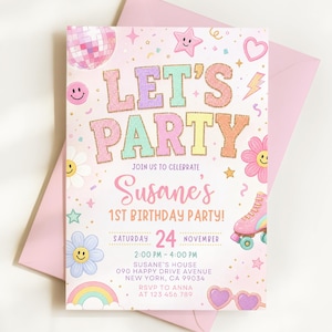 Puede incluir: Una tarjeta de invitación rectangular con el texto LET'S PARTY, Susane's 1st Birthday Party, Saturday 24 November, 2:00 PM - 4:00 PM, Susane's House, 090 Happy Drive Avenue, New York, CA 99034, RSVP to Anna at 123 456 789.