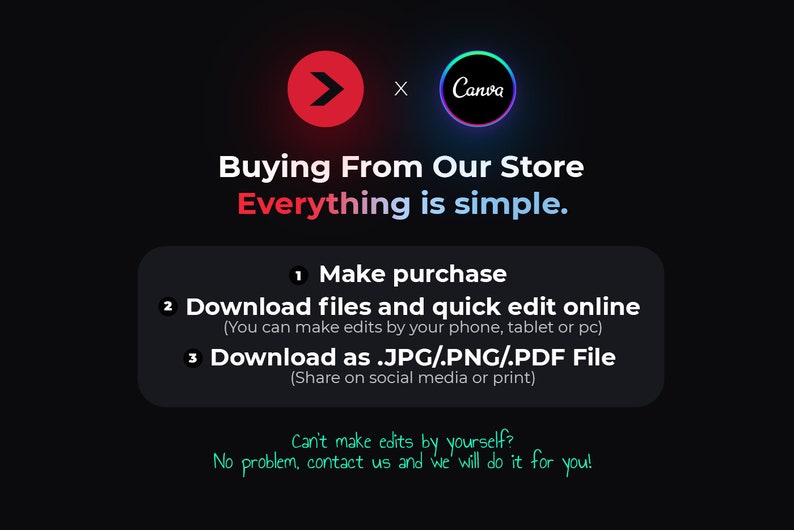 May include: A graphic with a red arrow pointing to the right and the word "Canva" in a circle with a rainbow gradient. The text "Buying From Our Store Everything is simple." is in red and white. The text "1 Make purchase", "2 Download files and quick edit online (You can make edits by your phone, tablet or pc)", "3 Download as .JPG/PNG/.PDF File (Share on social media or print)" is in white text on a black background. The text "Can't make edits by yourself? No problem, contact us and we will do it for you!" is in green text on a black background.