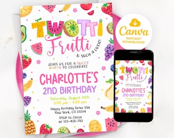 Twotti Frutti Invitation, Two-tti Frutti Birthday Invitation, 2nd Birthday Invitation, Fruit Second Birthday, Editable Template Canva LP01