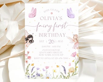 May include: A light pink invitation for Olivia's first birthday, featuring watercolor illustrations of fairies, butterflies, and flowers. The text reads "Olivia's fairy first birthday" with event details. The invitation is decorated with floral elements.