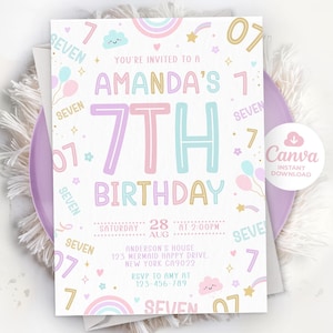 7Th Girl Birthday Invitation, Colorful 7Th Invitation, Girl Birthday Invitation, 7th Invites, Canva Editable Template 01