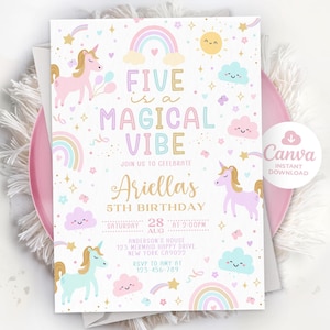 May include: A pink and white birthday invitation featuring a unicorn, rainbow, and clouds. The text reads "Five is a Magical Vibe" and "Ariella's 5th Birthday".