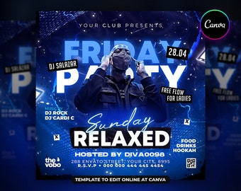EDITABLE Party Flyer, Canva Club Flyer Template perfect for DJ or Night Club Events, 4x4 Inch