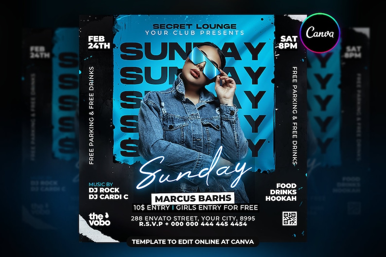 Op de afbeelding: Een blauwe en zwarte flyer voor een zondagfeest in Secret Lounge. De flyer toont een vrouw met een zonnebril en een spijkerjack. De tekst op de flyer luidt "Sunday", "Secret Lounge", "Your Club Presents", "Feb 24th", "Sat 8pm", "Gratis parkeren & gratis drankjes", "Muziek door DJ Rock DJ Cardi C", "Marcus Barhs", "&euro;10 entree | Gratis entree voor dames", "288 Envato Street, Your City, 8995", "R.S.V.P + 000 000 444 445 4454", "Eten Drankjes Waterpijp", "Sjabloon om online te bewerken op Canva".