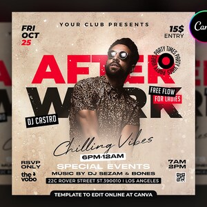 May include: A flyer for an after-work party called "After Work" with DJ Castro. The flyer is in red, black, and white with a grunge aesthetic. It features a man wearing sunglasses and a leopard print shirt. The flyer says "Free Flow for Ladies" and "Chilling Vibes 6PM-12AM".
