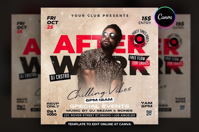 May include: A flyer for an after-work party called "After Work" with DJ Castro. The flyer is in red, black, and white with a grunge aesthetic. It features a man wearing sunglasses and a leopard print shirt. The flyer says "Free Flow for Ladies" and "Chilling Vibes 6PM-12AM".