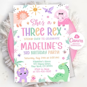 Three Rex Invitation, Dinosaur Invitation, She&#39;s a three rex Invite, Cute dino invitation for girl, Editable Template Canva LP013