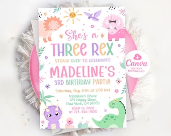 Three Rex Invitation, Dinosaur Invitation, She&#39;s a three rex Invite, Cute dino invitation for girl, Editable Template Canva LP013