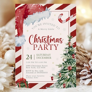Op de afbeelding: Kerstfeestuitnodiging met een rood-witte gestreepte rand. De uitnodiging bevat een aquarel kerstmuts, zuurstok, kerstboom en cadeau. Tekst bevat evenementdetails.
