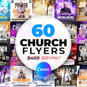 60 Church Flyers Bundle, Church Service Flyer, School Flyer, Anniversary Flyer, Editable Canva Templates 4x4