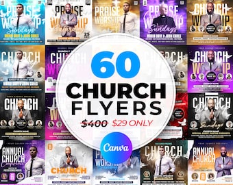 60 Church Flyers Bundle, Church Service Flyer, School Flyer, Anniversary Flyer, Editable Canva Templates 4x4