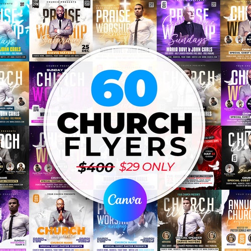 60 Church Flyers Bundle, Church Service Flyer, School Flyer, Anniversary Flyer, Editable Canva Templates 4x4