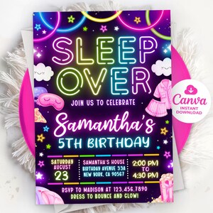 May include: A colourful invitation for a sleepover party, with the words "SLEEP OVER" in neon-style lettering. The invitation is for Samantha's 5th birthday, with a pink and purple colour scheme, stars, and cloud illustrations. The Canva Instant Download logo is visible.