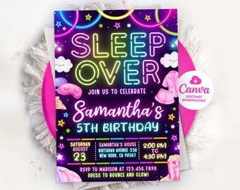 Sleepover Birthday Invitation, Slumber Party Birthday Invite, Pajama Party, Neon Sleepover Invite, Editable Template Canva LP1