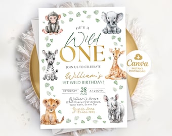Wild One Birthday Invitation, Editable Wild One Boy Invitation, Safari Wild One Party Invitation, Safari Jungle Animals Invitation, LP02251