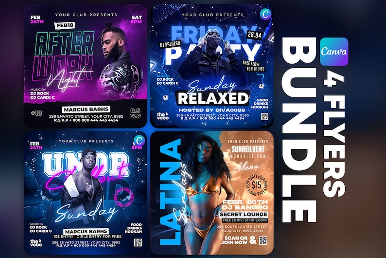 May include: Four colorful flyers advertising different events at a club. The flyers feature a DJ, a woman in a bikini, and a man in a leather jacket. The flyers include the date, time, and location of the events. The text on the flyers includes "After Work Night", "Friday Party", "Sunday Relaxed", and "Latina Sundays".