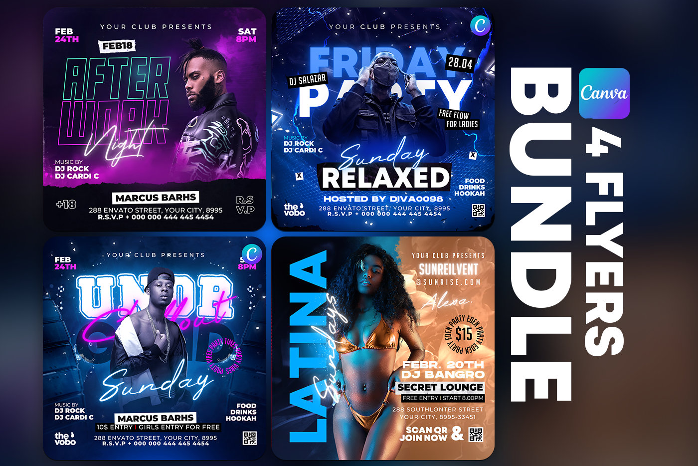 Bundle Club Flyer Templates, Party Flyers Bundle, Canva Editable Template, Club Flyer Canva, DJ Flyer Bundle, Instagram, Facebook