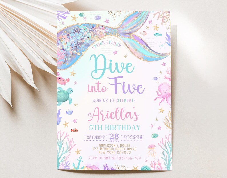 Mermaid Dive Into Five Invitation, Girl 5th Tail Birthday Invitation ...