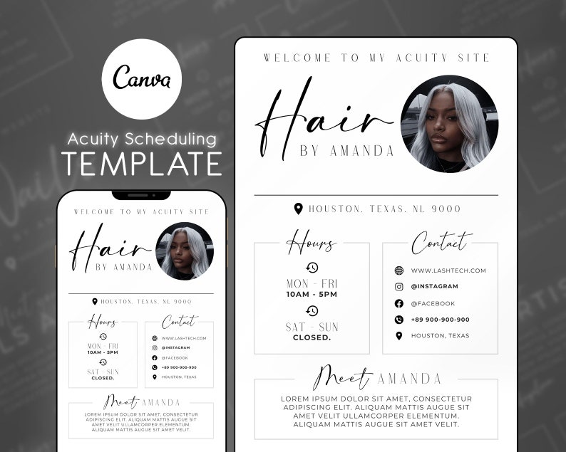 May include: A black and white graphic design template for an online hair salon appointment booking website. The template features a photo of a woman with long, straight, grey hair, the text "Hair by Amanda", and the words "Welcome to my Acuity Site". The template also includes sections for business hours, contact information, and a brief description of the salon owner.