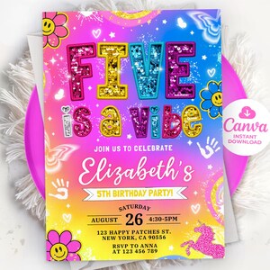 May include: A vibrant birthday party invitation with the words "FIVE is a vibe" in glittery letters. The invitation includes the name "Elizabeth's" and party details, with a colorful design featuring flowers, butterflies, and a unicorn.