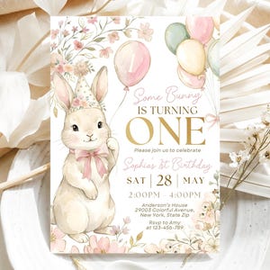 Some Bunny is One, Pink Bow Rabbit eerste verjaardagsuitnodiging, 1e verjaardagsuitnodiging, Some Bunny-uitnodiging, bewerkbare canvassjabloon afbeelding 4