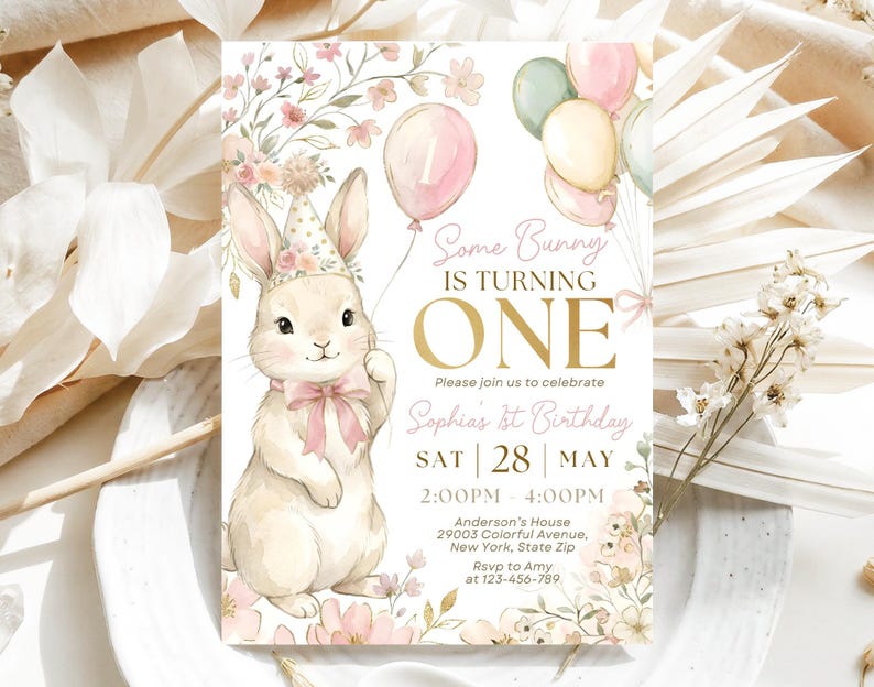 Some Bunny is One, Pink Bow Rabbit eerste verjaardagsuitnodiging, 1e verjaardagsuitnodiging, Some Bunny-uitnodiging, bewerkbare canvassjabloon afbeelding 4