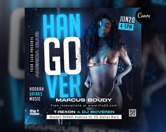 May include: A flyer for a party called "Hangover" at America Club. The flyer features a woman in a gold bikini, the text "Hangover", and the date and time of the event: June 20, 4-5PM. The flyer also includes the names of the DJs, T-Rexon and DJ Boveren, and the address of the club: Boston 30500, Avenue St. 33, Dallas Bar2.